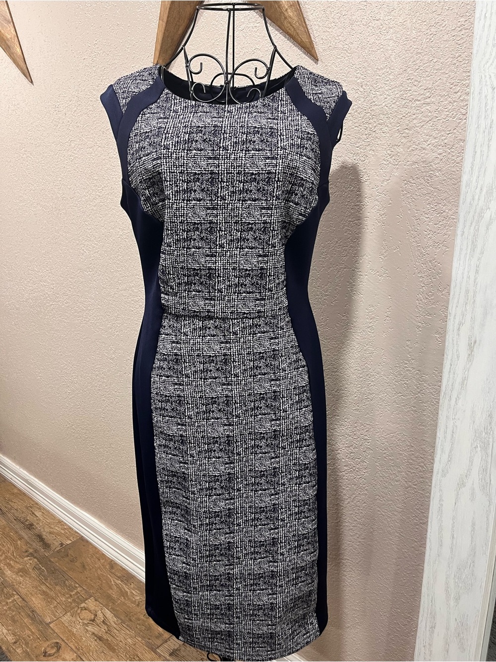 Enfocus Studio Navy and Gray Textured Panel Midi Dress